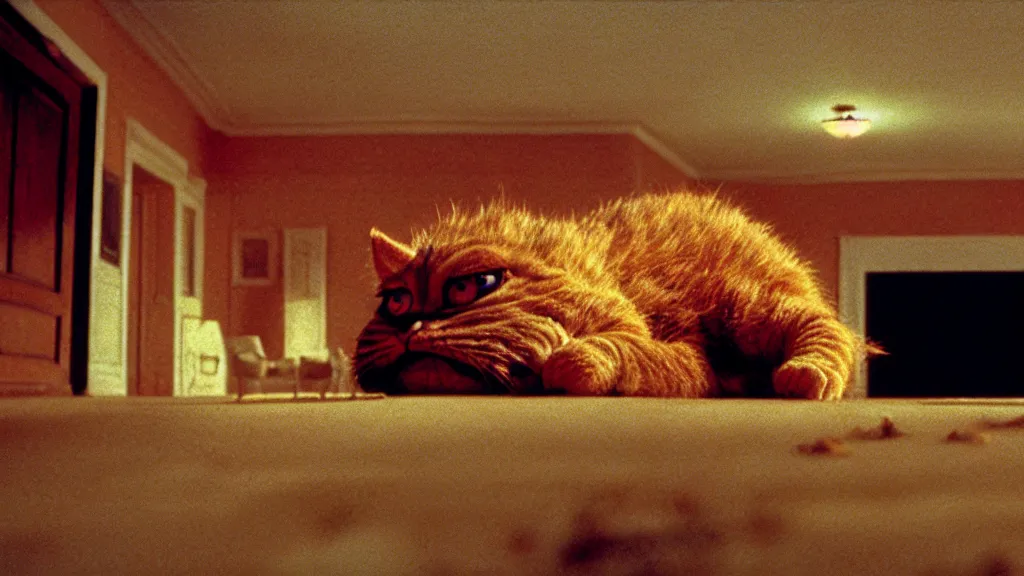 Image similar to a strange Garfield crawls on the living room ceiling, film still from the movie directed by Wes Anderson with art direction by Zdzisław Beksiński, wide lens