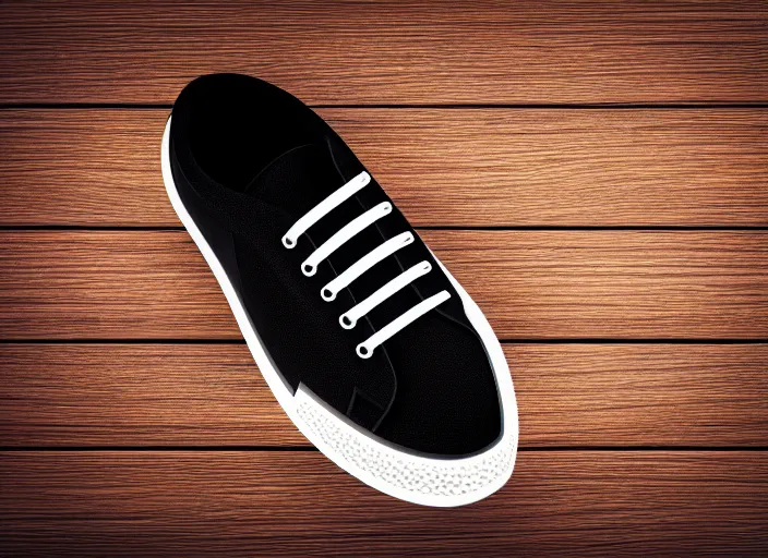 Image similar to clear highly detailed photorealistic topdown mockup product photograph of a realistic pair of black sneakers on a wooden background