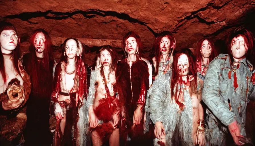 Prompt: high realistic photo portrait of esoteric tribes members with taxidermic flesh bloody jaw and elaborate red clothes in a empty tunnel, cinestill 800t 35mm, heavy grain, high quality,