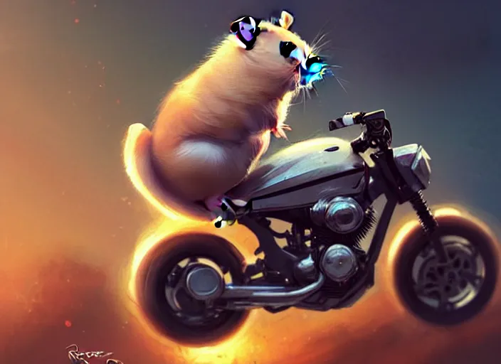 Image similar to a cute hamster riding a motorcycle, intricate, highly detailed, digital painting, artstation, concept art, sharp focus, illustration, art by greg rutkowski and Ross Tran