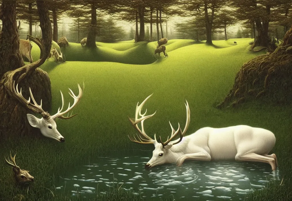 Prompt: hyper detailed 3d render like a Oil painting - white stag drinking from a small pool in a peaceful lush meadow, by Jacek Yerka, Mariusz Lewandowski, Houdini algorithmic generative render, Abstract brush strokes, Masterpiece, Edward Hopper and James Gilleard, Zdzislaw Beksinski, Mark Ryden, Wolfgang Lettl, hints of Yayoi Kasuma, octane render, 8k