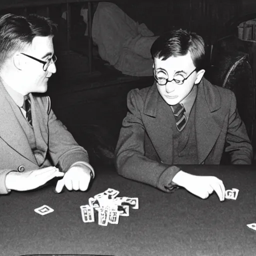 Image similar to harry potter and adolf hitler playing poker in hogwarts