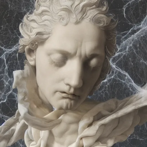 Prompt: realistic digital painting of a stunning intricate cracked white marble falling angel with face of piero angela tired bernini sculpture, trailing white vapor, mycelium stands and misty xparticles neutral tone background, trending on artstation, hyperrealism, matte painting, subsurface scattering