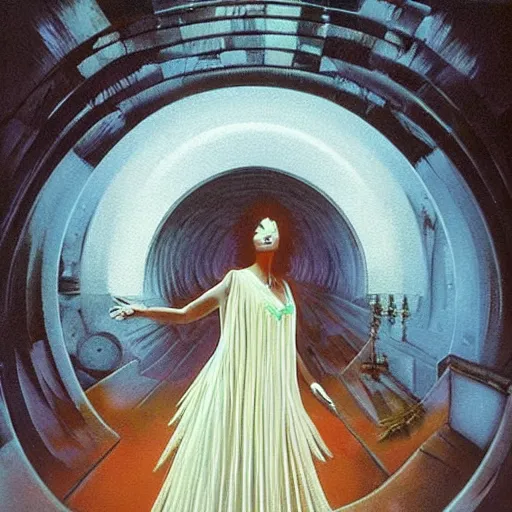 Image similar to labyrinth pan's by karel thole, by phil koch extemporaneous. a beautiful painting. she coalesces into a tall woman in a white dress, diamonds around her neck, hair carefully arranged in auburn waves, young & old at the same time.