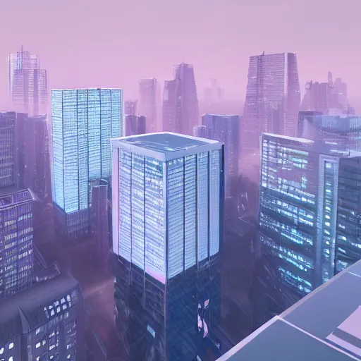 Image similar to sprawling office floor with cubicles,, in faded pink, morning fog, blue hour, archviz, cgi, trending on artstation, corona renderer, unreal engine, ray tracing, 3 ds max, cinematic, city in the background