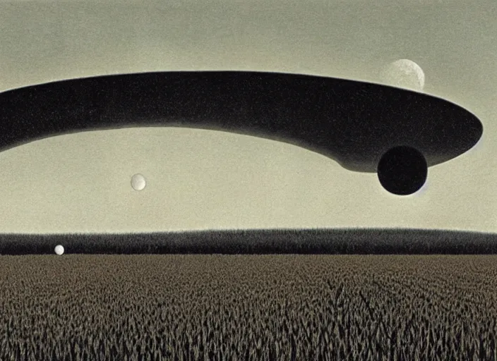 Image similar to Flying saucer landing in corn field with two moons in the sky, albumen silver print by Timothy H. O'Sullivan Ralph Mcquarrie