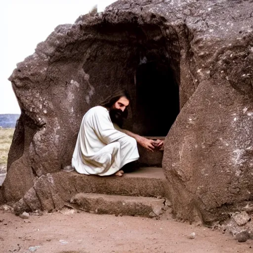 Prompt: sad jesus sits on a entrance from a cave