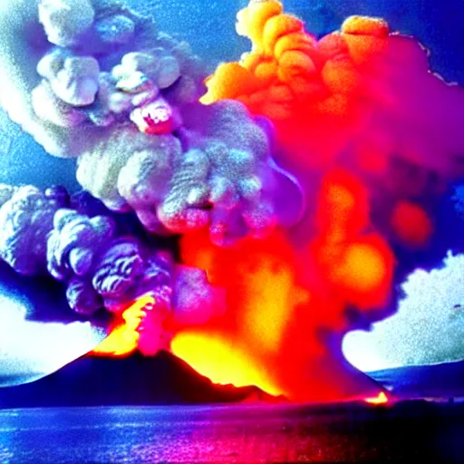 Prompt: colourful cinematic photo of hundreds of zeppelins clustered around an active volcano on an island