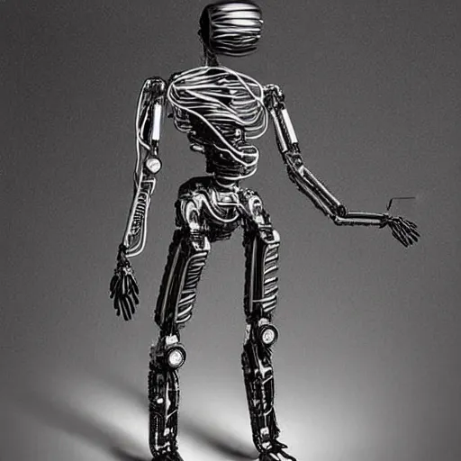 Image similar to “ hyperreal 8 k drawing art station trending of humanoid robot made from wiring and steel debris found in a scrapyard ”