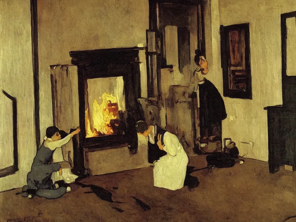 Prompt: Woman setting the interior of a house on fire. The walls are full of old paintings. Painting by Felix Vallotton, John Everett Millais