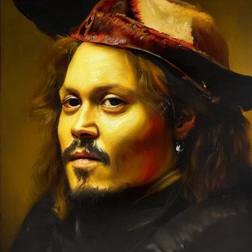 Prompt: portrait in the style of rembrandt johnny depp oil painting
