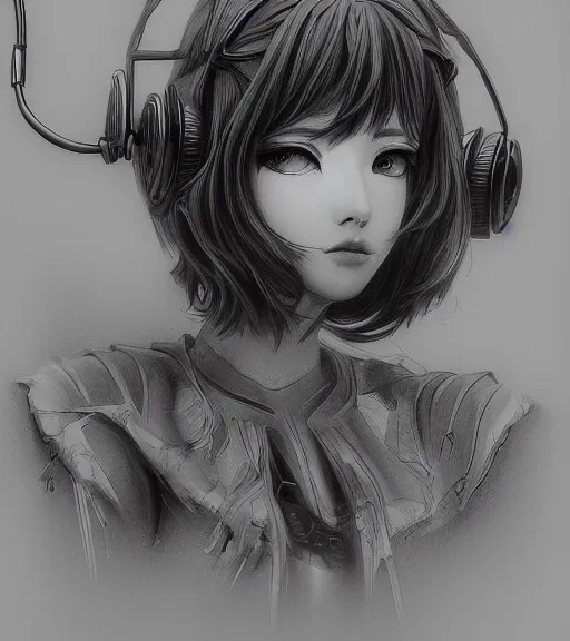 Prompt: a cute beautiful girl deep dark technoir portrait using earphones in detailed anime painting drawing style 3d unreal trending on artstation deviantart realistic hd by frank Miller sorayama giger