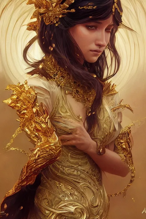 Image similar to a beautiful horse, gold jewellery, dnd, fantasy, intricate, elegant, highly detailed, digital painting, artstation, concept art, smooth, sharp focus, illustration, art by artgerm and greg rutkowski and alphonse mucha