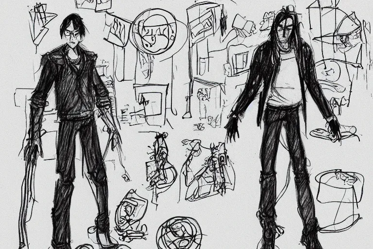 Prompt: single line sketch of goth guy standing in a cluttered 9 0 s bedroom, full body character concept art, scribble sketch, small details,