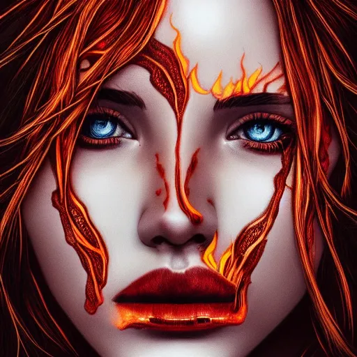 Image similar to artistic drawing of beautiful female face, with skin from flames, hair from flames, eyes from flames, body from flames and everything else made entirely from flames, trending on Artstation