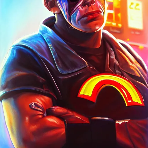 Prompt: an oil painting of the terminator as a mc donald worker, by artgerm, hd, hdr, ue 5, ue 6, unreal engine 5, realistic anime 3 d style, cinematic 4 k wallpaper, 8 k, ultra detailed, gta cover art, high resolution, artstation, award winning