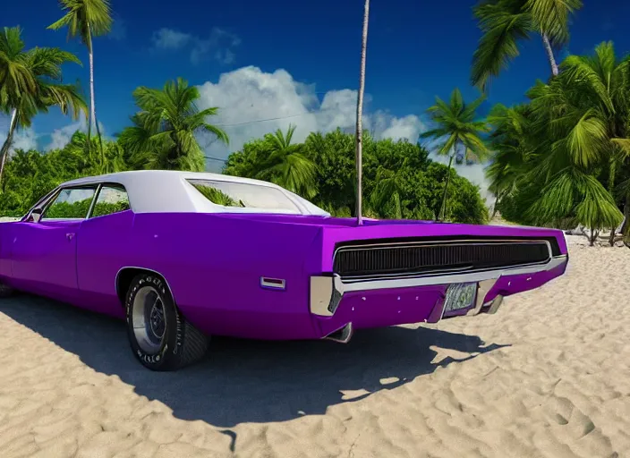 Prompt: hyperrealism, detailed textures, photorealistic 3 d render, a dreamy beach in cuba, a 1 9 7 0 hemi charger with plum crazy purple colour scheme, sharp focus, ultra realistic, ultra high pixel detail, cinematic, intricate, cinematic light, concept art, illustration, art station, unreal engine 8 k