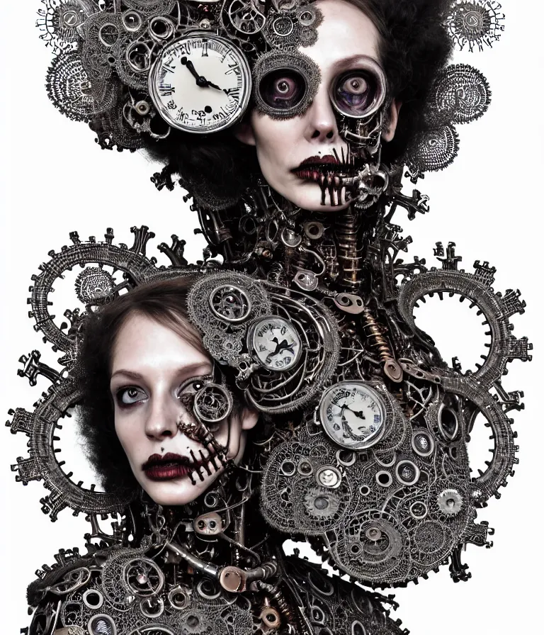 Image similar to highly detailed photo portrait of complex bio-mechanical beautiful young female undead skeletal cyborg with a Mandelbrot fractal steampunk metal fine lace face, retrofuturistic depressing hopeless horrific vibe, radiating dark energy aura, curled silver hair and a fine metal floral foliage super big lace collar by Alexander McQueen:: high fashion, haute couture, rococo, steampunk, silver filigree details, anatomical, facial muscles, cable wires, microchip, elegant, hyper realistic, 150 mm lens, soft rim light, octane render, unreal engine, volumetric lighting, 8k, muted reflective metallic coloring, sharp focus