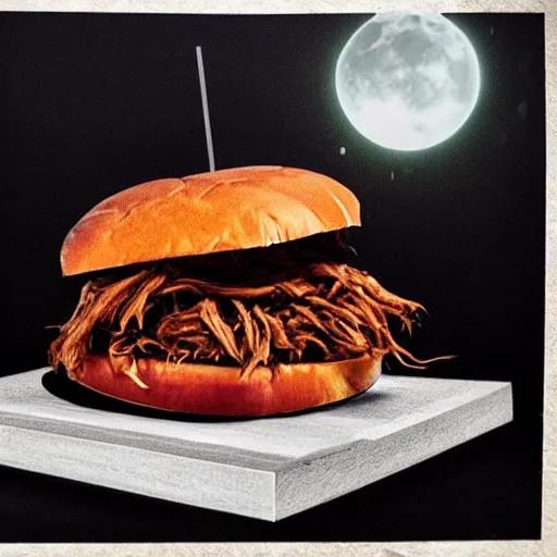 Image similar to monster that looks like a pulled pork sandwich, bbq sauce splashes, dark lighting, moonlight, horror, scary, hyper-realistic