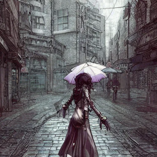 Image similar to goth woman walking on the street, color page, tankoban, 4 k, tone mapping, akihiko yoshida, james jean andrei riabovitchev marc simonetti, yoshitaka amano, long hair, curly, h. hydrochaeri