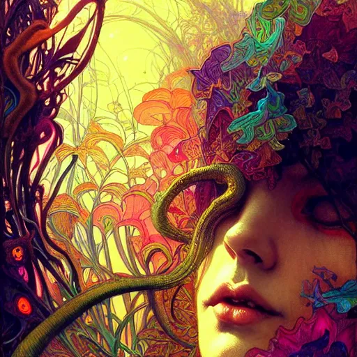 Prompt: An extremely colorful psychedelic experience, reality bending, magic mushrooms, psilocybin, LSD, face, detailed, intricate, elegant, highly detailed, digital painting, artstation, concept art, smooth, sharp focus, illustration, art by Krenz Cushart and Artem Demura and alphonse mucha