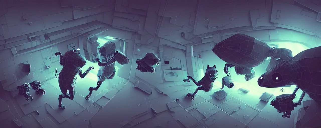 Prompt: duotone noir scifi concept dynamic illustration of 3 d mesh of robotic cats inside box floating zero gravity glowing 3 d mesh portals futuristic, glowing eyes, octane render, surreal atmosphere, volumetric lighting. accidental renaissance. by sachin teng and sergey kolesov and ruan jia and heng z. graffiti art, scifi, fantasy, hyper detailed. trending on artstation