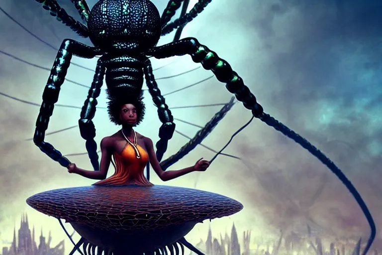 Image similar to realistic detailed closeup portrait movie shot of a beautiful black woman riding a giant spider, dystopian city landscape background by denis villeneuve, amano, yves tanguy, alphonse mucha, max ernst, ernst haeckel, caravaggio, roger dean, cyber necklace, rich moody colours, sci fi patterns, wide angle