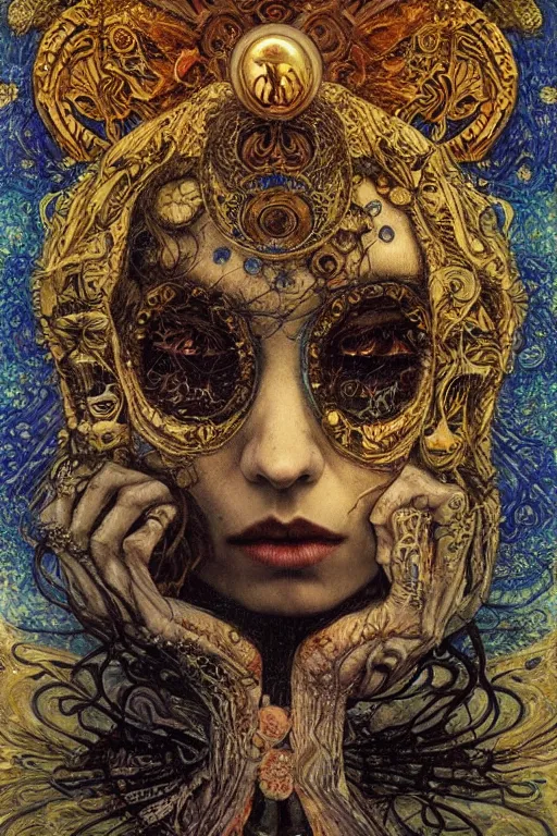 Image similar to Memento Mori by Karol Bak, Jean Deville, Gustav Klimt, and Vincent Van Gogh, beautiful visionary mystical portrait, calavera, otherworldly, fractal structures, ornate gilded medieval icon, third eye, spirals, jeweled calavera by Jean Delville