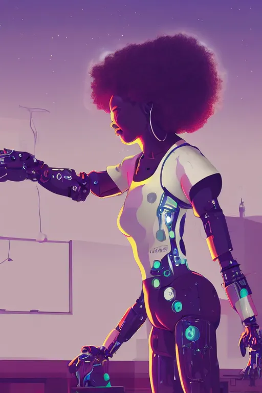 Image similar to a black girl fixing a robot, in the nature, mixing solarpunk, afropunk and cyberpunk technology and aesthetic ( ( ( ( volumetric light ) ) ) ), high angle, part by pearl fryar, part by prince damah, sunny day, trending on artstation, cinematic view, illustration, painting.