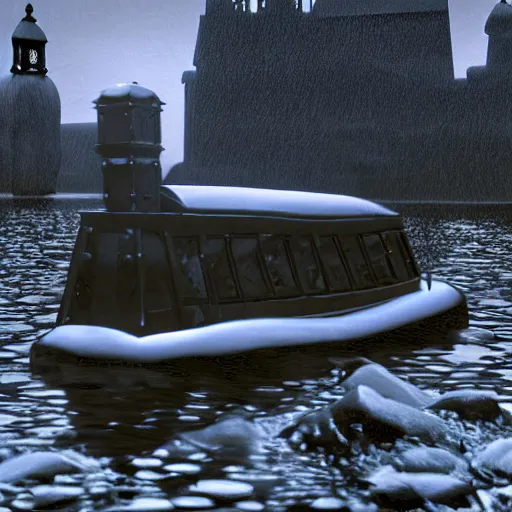 Image similar to calssical floating dark rapids web retriever hearse limo tower , by Johannes Vermeer and Georgia O'Keefee and H.P. Lovecraft , polaroid photo , unreal engine , cubist