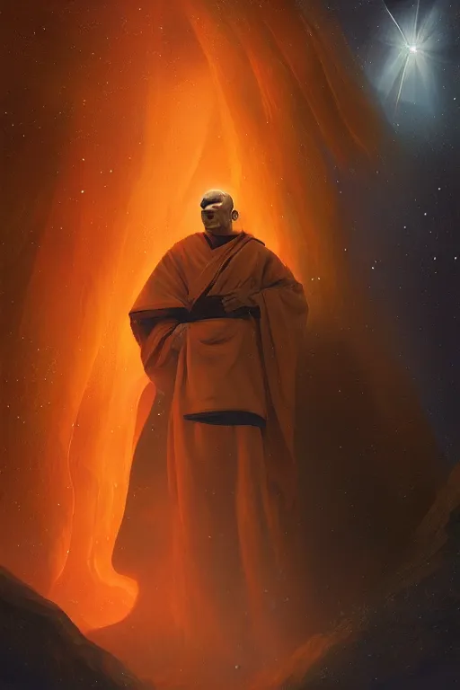 Image similar to portrait of a monk in a spaceship, looking at a nebula, orange robe, dramatic lighting, artstation, matte painting, ralph mcquarrie