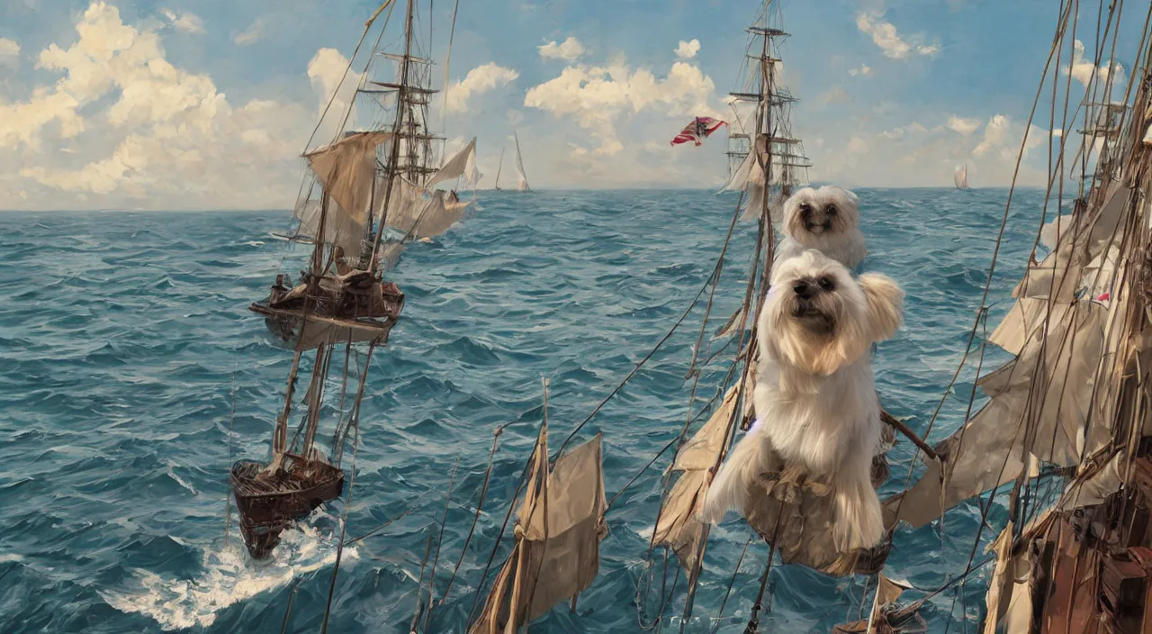 Prompt: havanese dog sailing on top of a barquentine from 1 9 0 0, looking out to the see, leaving the port at havana, 1 9 0 0, tartakovsky, atey ghailan, goro fujita, studio ghibli, rim light, mid morning lighting, clear focus, very coherent