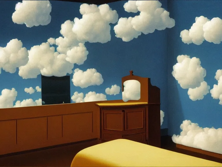Image similar to room with cloud wallpapers, painting by rene magritte, centered, high detail, high resolution
