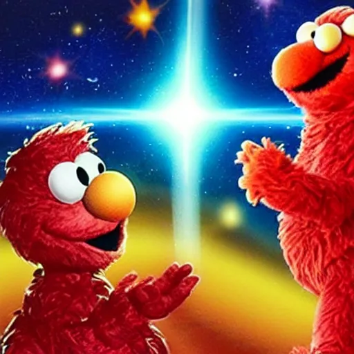 Image similar to Elmo in space firing a Kamehameha towards the Earth