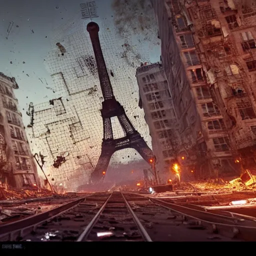 Image similar to A beautiful intricate 8K award-winning ground-level cinematic movie photograph of the future rusting rubble of the fallen and decimated Eiffel Tower, lying in pieces on the ground, surrounded by neon and collapsing corporate video billboard displays. in the year 2050, by Bruno Delbonnel and greg rutkowski. octane render, Arri Alexa 65. Cinematic lighting