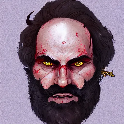 Prompt: dnd render of a man, red, a big black beard, completely golden eyes, 1 curved horn growing out of his forehead, one broken horn groing out of his forehead,