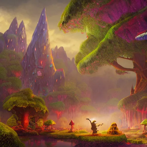 Prompt: An epic fantasy comic book style painting of a highly populated gnome city under giant mushrooms and enormous trees, beautiful steamy subterranean gnome city, character design by Mark Ryden and Pixar and Hayao Miyazaki, unreal 5, DAZ, hyperrealistic, octane render, cosplay, RPG portrait, dynamic lighting, intricate detail, summer vibrance, cinematic