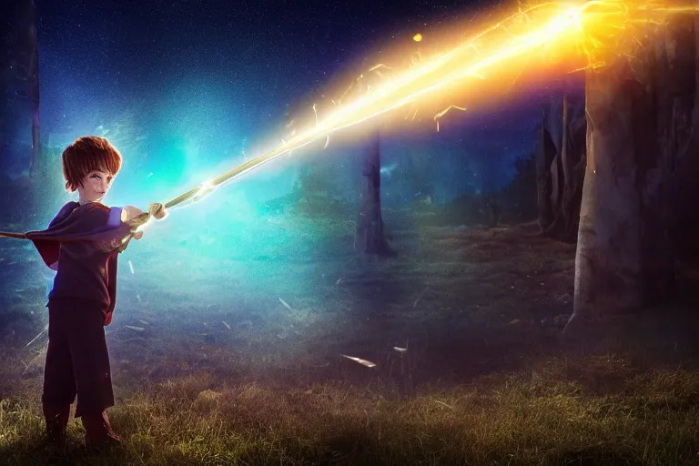 Image similar to a young wizard points their wand, a blast of bright magic flies from the end of the wand, on an empty moonlit moor, dramatic lighting, lens flare, cinematic photography