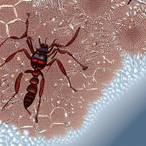 Image similar to scientific illustration of ants made of fractal crystals, concept art