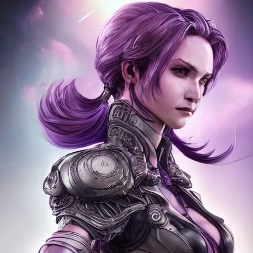 Image similar to close up portrait of julia fox in smooth purple sci - fi armor, long black ponytail, elegant, intense, woman, an ultrafine hyperdetailed illustration by kim jung gi, irakli nadar, intricate linework, sharp focus, bright colors, octopath traveler, final fantasy, unreal engine 5, global illumination, radiant light