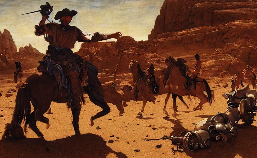 Image similar to a cowboy shootout on mars by edgar maxence and caravaggio and michael whelan and delacroix style, artistic, intricate painting, cinematic lighting, hyper realistic, extremely detailed, establishing shot, 8 k resolution, dramatic lighting