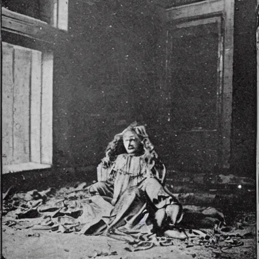 Image similar to 1860 photo of an ancient demon-girl devouring his own soul on an abandoned hospital, spooky