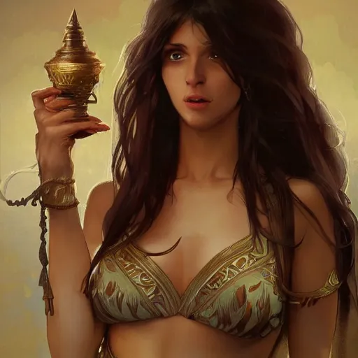 Image similar to a young female brown skinned brown haired genie, with abs, emerging from a lamp intricate, elegant, highly detailed, digital painting, artstation, concept art, smooth, sharp focus, illustration, art by artgerm and greg rutkowski and alphonse mucha