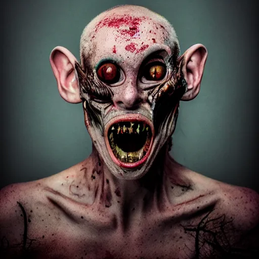 Image similar to artistic photoshoot of a mothan hybrid, grotesque, body horror, mutant shaming, creepy, terrifying, 8 k hdr 8 0 mm wide angle portrait