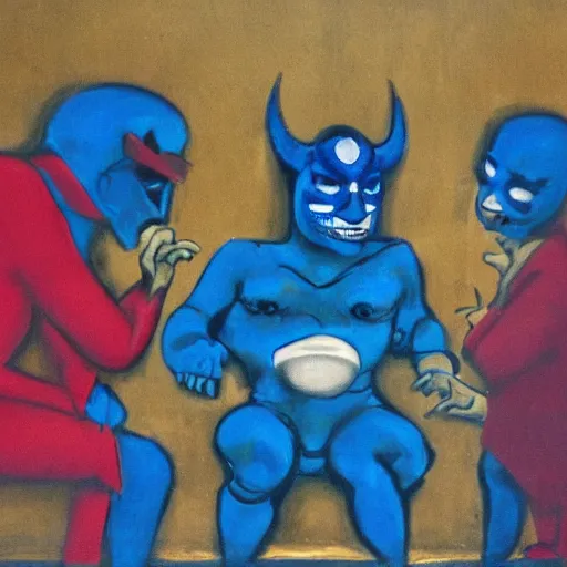 Image similar to post modern art depicting the tales of blue demon in the subway