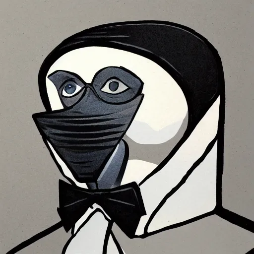 Image similar to man in a suit wearing a mask of an emperor penguin, illustration