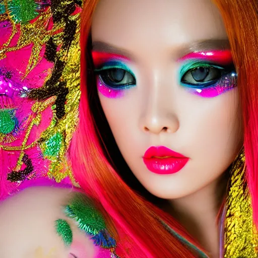 Image similar to japanese model with maximalist hair style and makeup, bright colors, fashion model, portrait shot, glitter, depth of field, 8 k, hyper detailed, intricate, trending on artstation