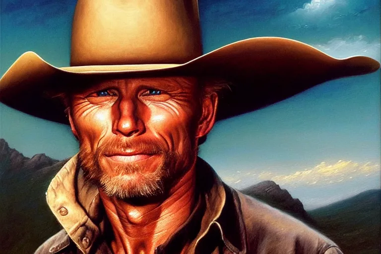 Prompt: poster portrait of ed harris as a black hat cowboy in silverado ( 1 9 8 5 ). oil painting elegant, highly detailed, centered, digital painting, artstation, concept art, smooth, sharp focus, illustration, artgerm, tomasz alen kopera, peter mohrbacher, donato giancola, joseph christian leyendecker drew struzan