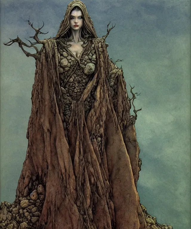 Image similar to A detailed very horned woman stands among the mountains. Wearing a ripped mantle, robe. Perfect faces, extremely high details, realistic, fantasy art, solo, masterpiece, art by Zdzisław Beksiński, Arthur Rackham, Dariusz Zawadzki