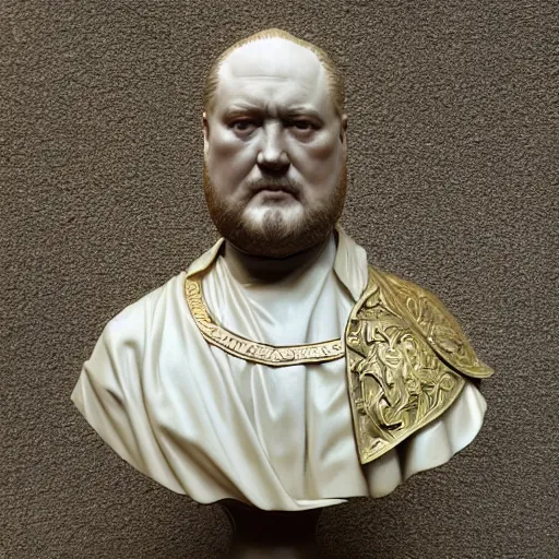 Image similar to beautiful lifelike award winning marble statue bust of henry viii trending on art station artgerm greg rutkowski alphonse mucha museum quality cinematic atmospheric